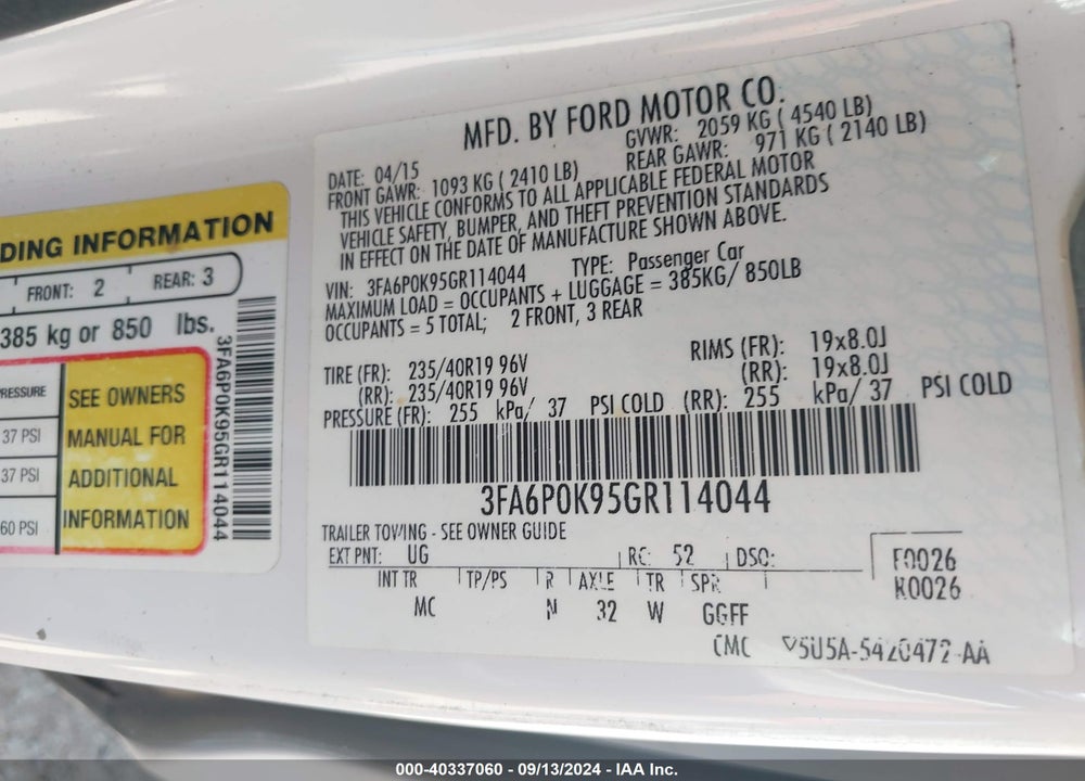 2016 FORD FUSION TITANIUM VIN: 3FA6P0K95GR114044