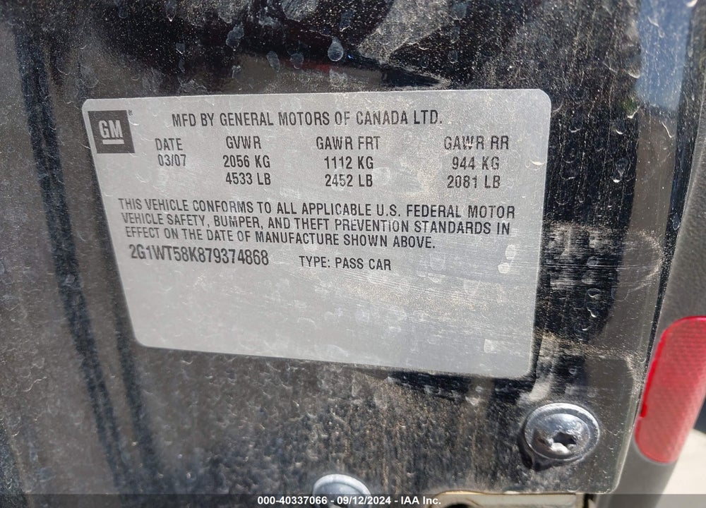 2007 CHEVROLET IMPALA LT VIN: 2G1WT58K879374868