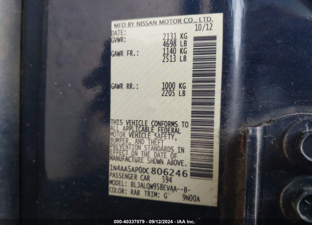 2013 NISSAN MAXIMA S/SV VIN: 1N4AA5AP0DC806246