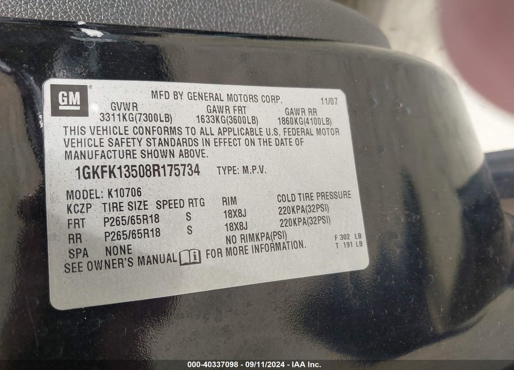 2008 GMC YUKON HYBRID VIN: 1GKFK13508R175734