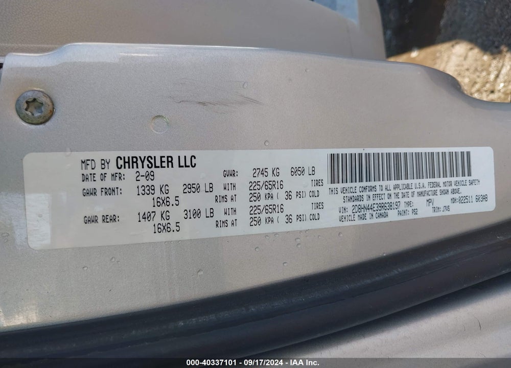2009 DODGE GRAND CARAVAN SE VIN: 2D8HN44E39R638197