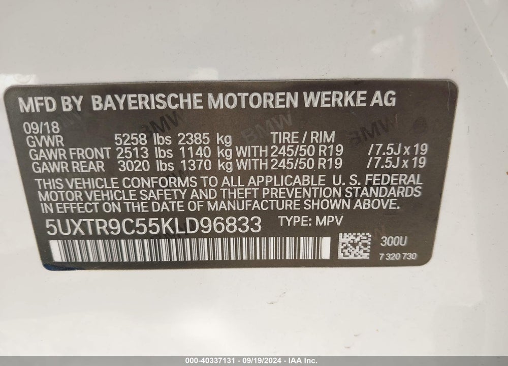 2019 BMW X3 XDRIVE30I VIN: 5UXTR9C55KLD96833