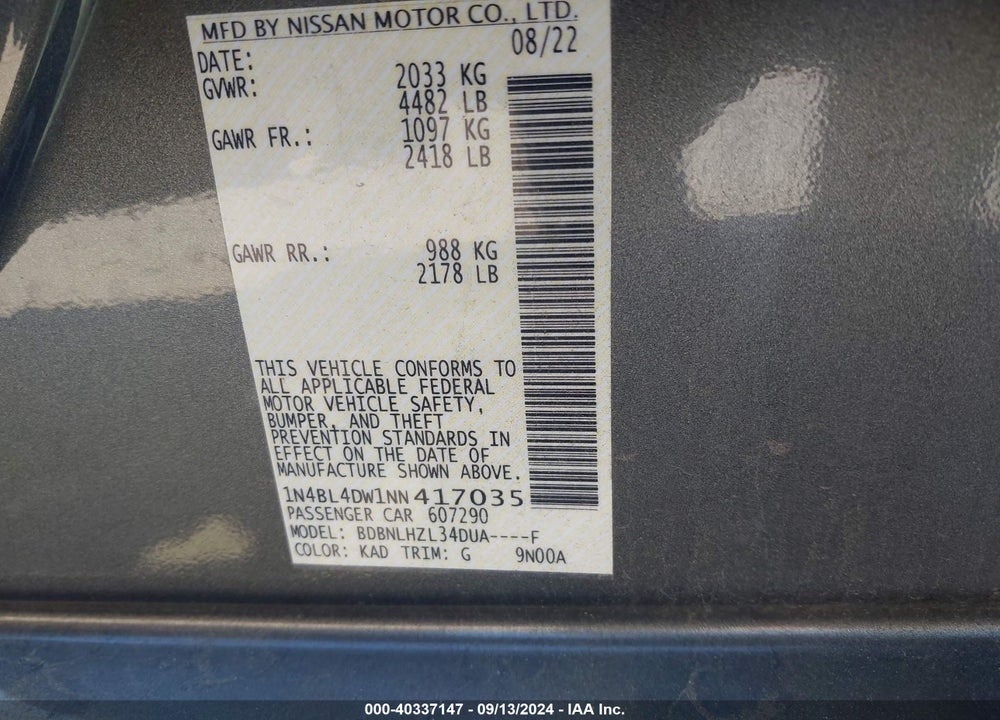 2022 NISSAN ALTIMA SV INTELLIGENT AWD VIN: 1N4BL4DW1NN417035