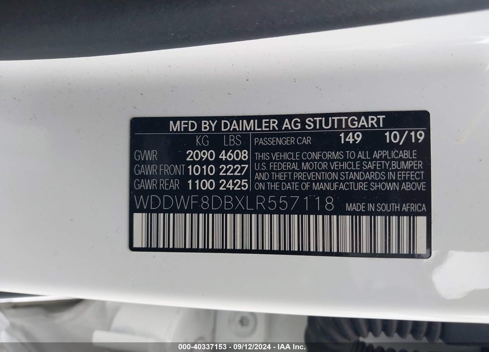 2020 MERCEDES-BENZ C 300 VIN: WDDWF8DBXLR557118