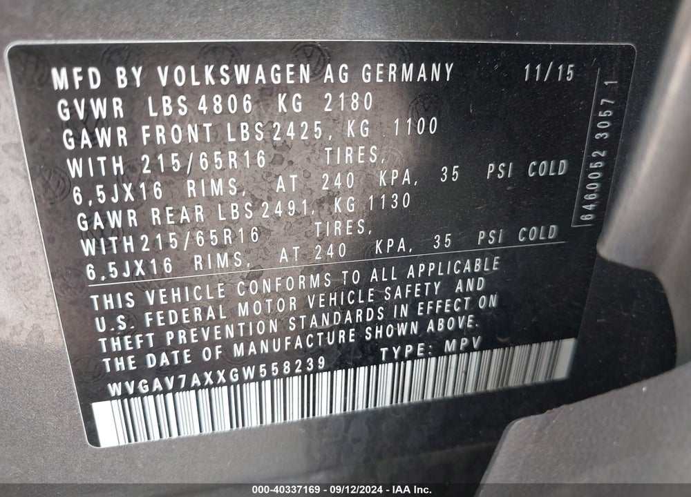 2016 VOLKSWAGEN TIGUAN S VIN: WVGAV7AXXGW558239