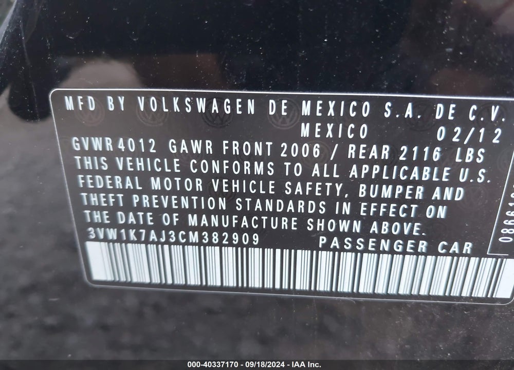 2012 VOLKSWAGEN JETTA 2.0L S VIN: 3VW1K7AJ3CM382909