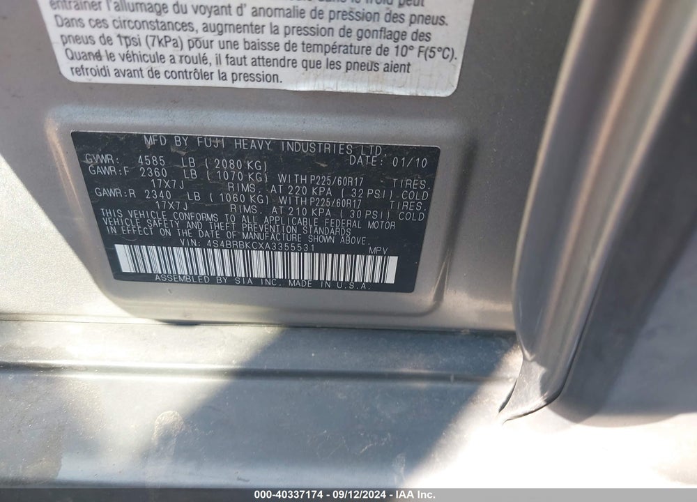 2010 SUBARU OUTBACK 2.5I LIMITED VIN: 4S4BRBKCXA3355531