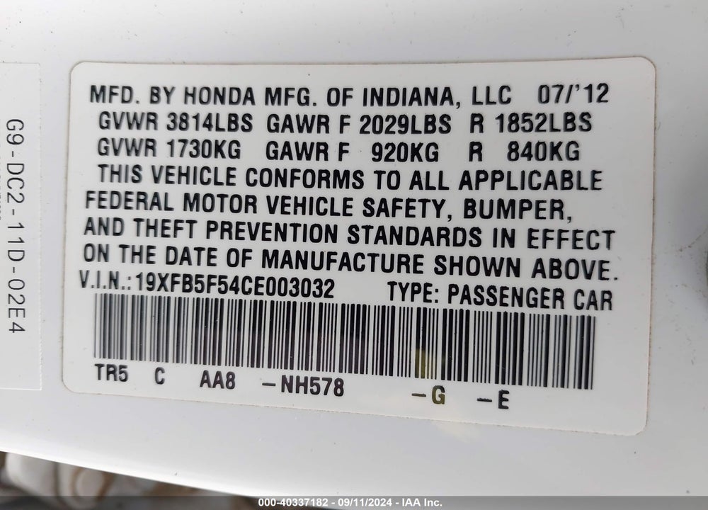 2012 HONDA CIVIC NATURAL GAS VIN: 19XFB5F54CE003032