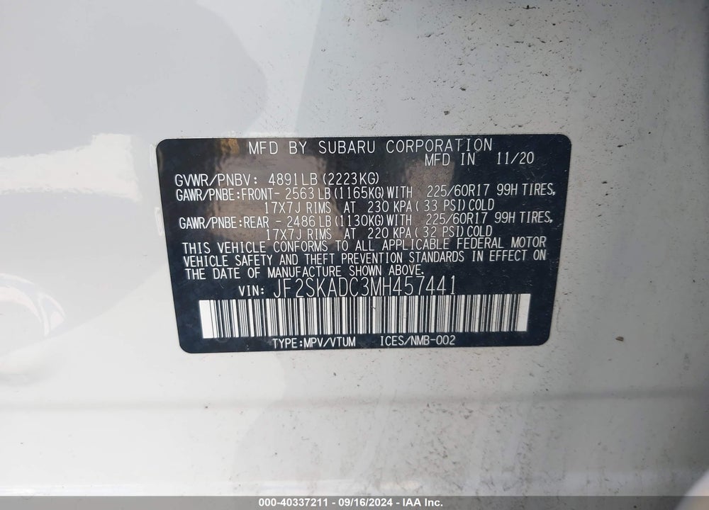 2021 SUBARU FORESTER VIN: JF2SKADC3MH457441