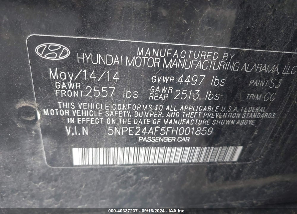 2015 HYUNDAI SONATA SE VIN: 5NPE24AF5FH001859