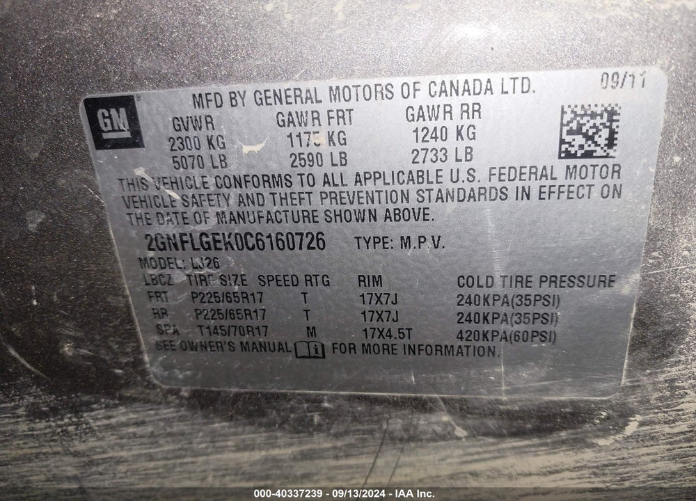 2012 CHEVROLET EQUINOX LTZ VIN: 2GNFLGEK0C6160726