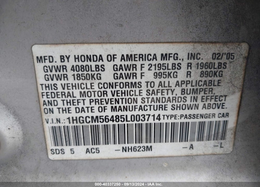 2005 HONDA ACCORD 2.4 LX VIN: 1HGCM56485L003714