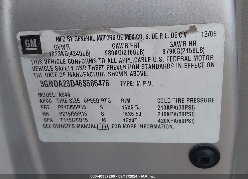 2006 CHEVROLET HHR LT VIN: 3GNDA23D46S586476