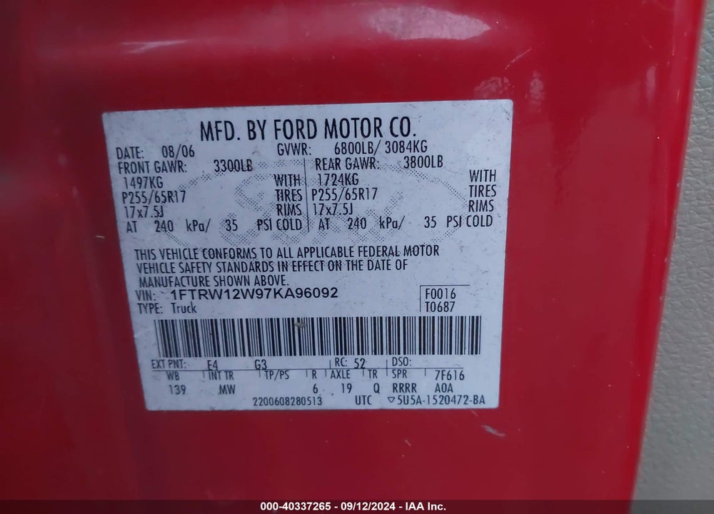 2007 FORD F-150 XLT VIN: 1FTRW12W97KA96092
