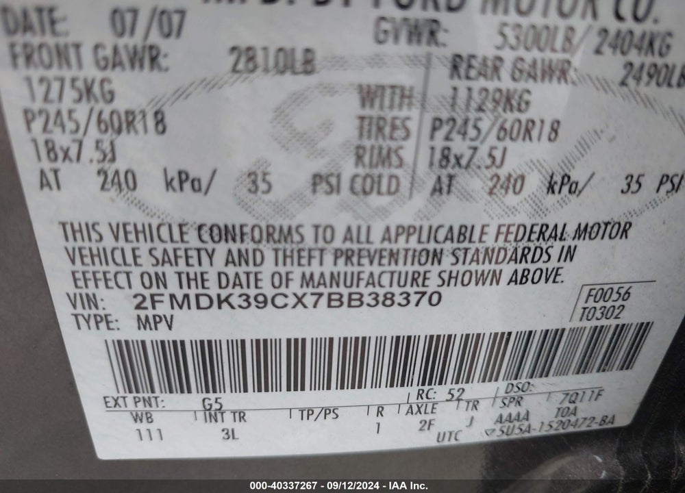 2007 FORD EDGE SEL PLUS VIN: 2FMDK39CX7BB38370