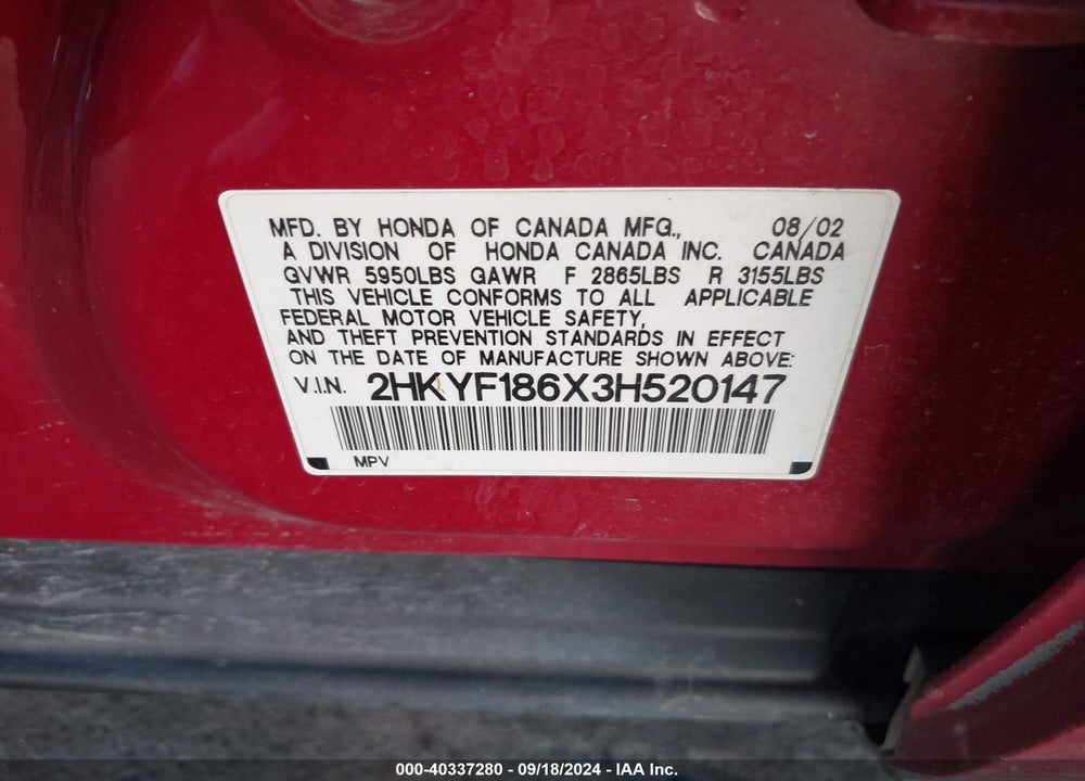 2003 HONDA PILOT EX-L VIN: 2HKYF186X3H520147