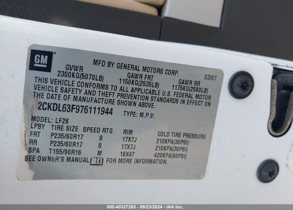 2007 PONTIAC TORRENT VIN: 2CKDL63F976111944