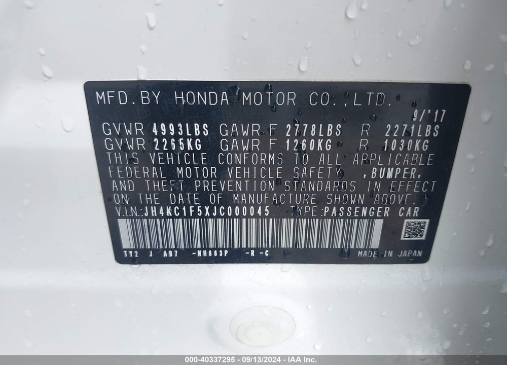2018 ACURA RLX VIN: JH4KC1F5XJC000045