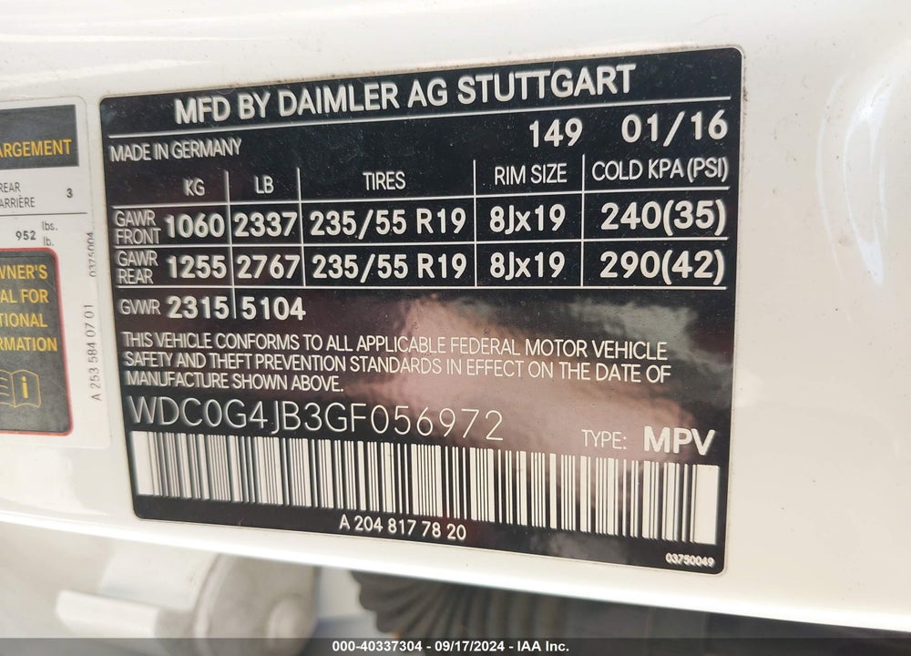 2016 MERCEDES-BENZ GLC 300 VIN: WDC0G4JB3GF056972