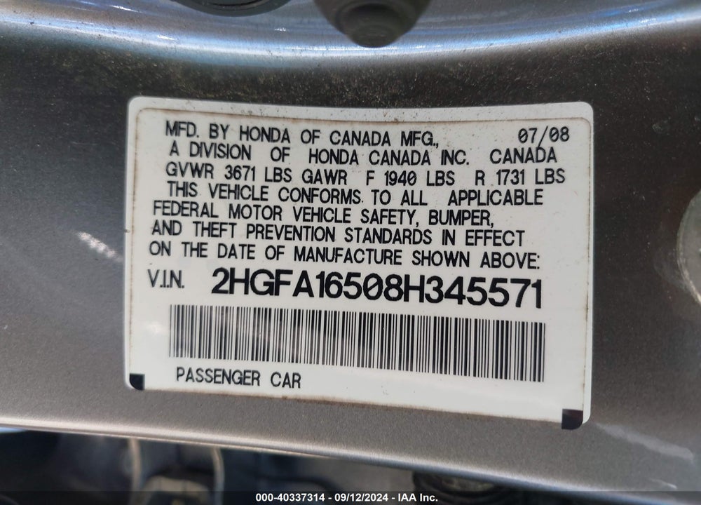 2008 HONDA CIVIC LX VIN: 2HGFA16508H345571