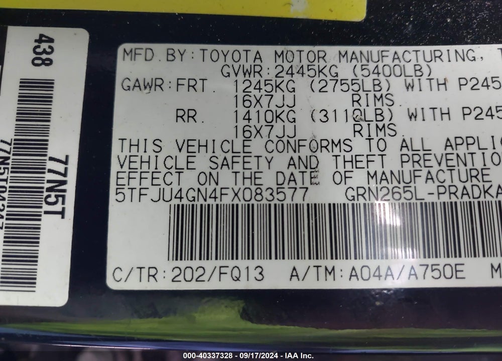 2015 TOYOTA TACOMA VIN: 5TFJU4GN4FX083577