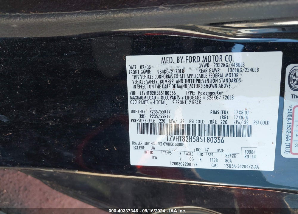 2008 FORD MUSTANG GT PREMIUM VIN: 1ZVHT82H585180356