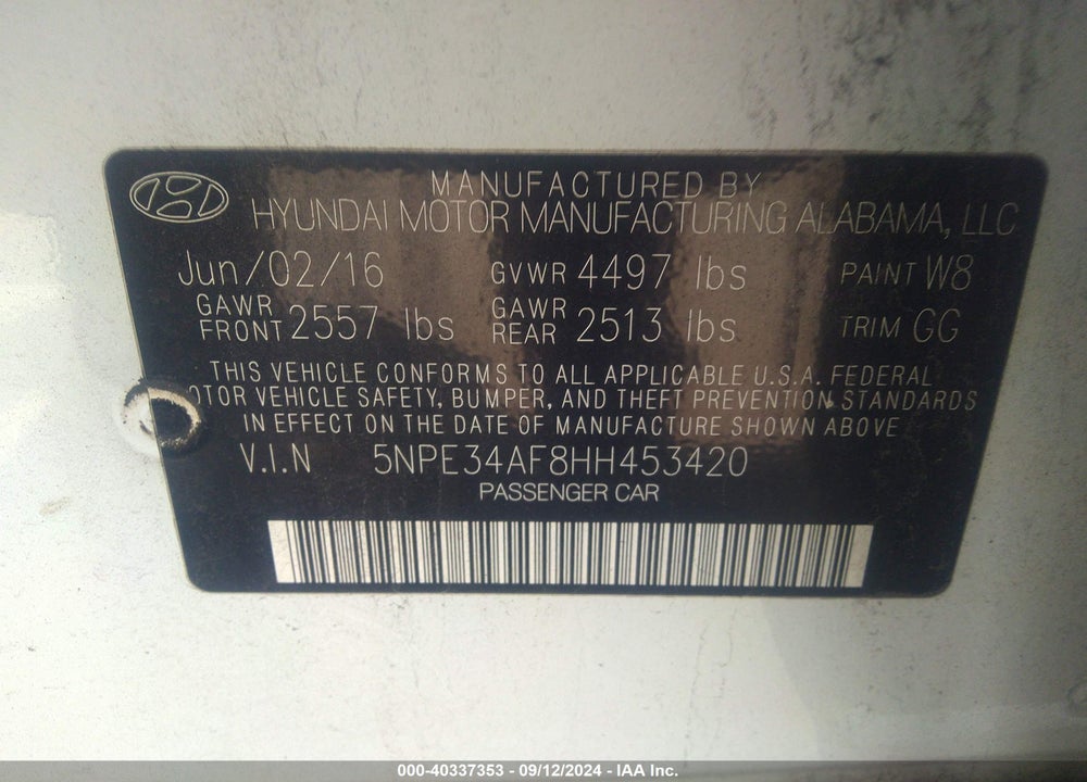 2017 HYUNDAI SONATA SPORT VIN: 5NPE34AF8HH453420