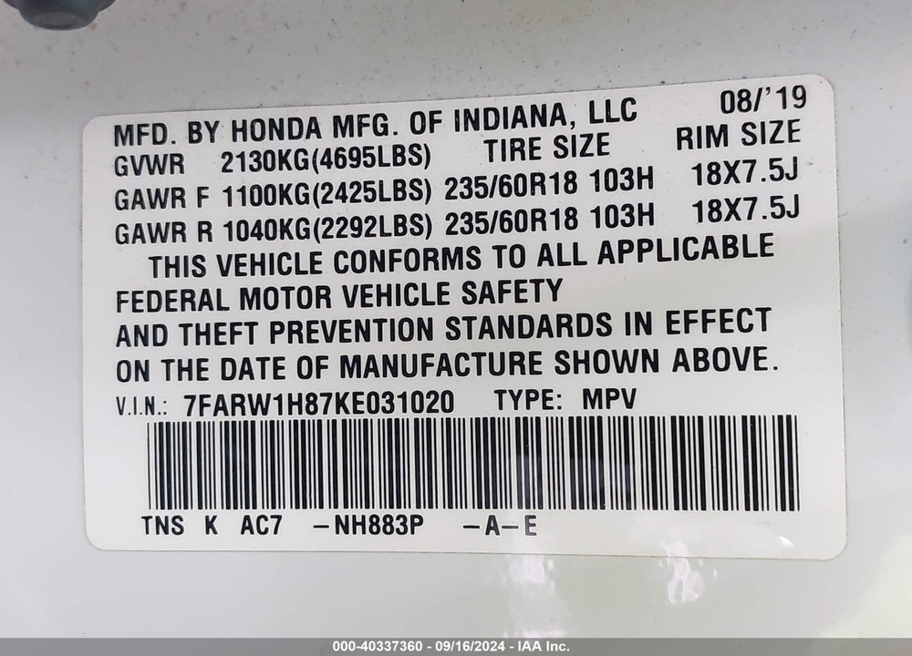 2019 HONDA CR-V EX-L VIN: 7FARW1H87KE031020