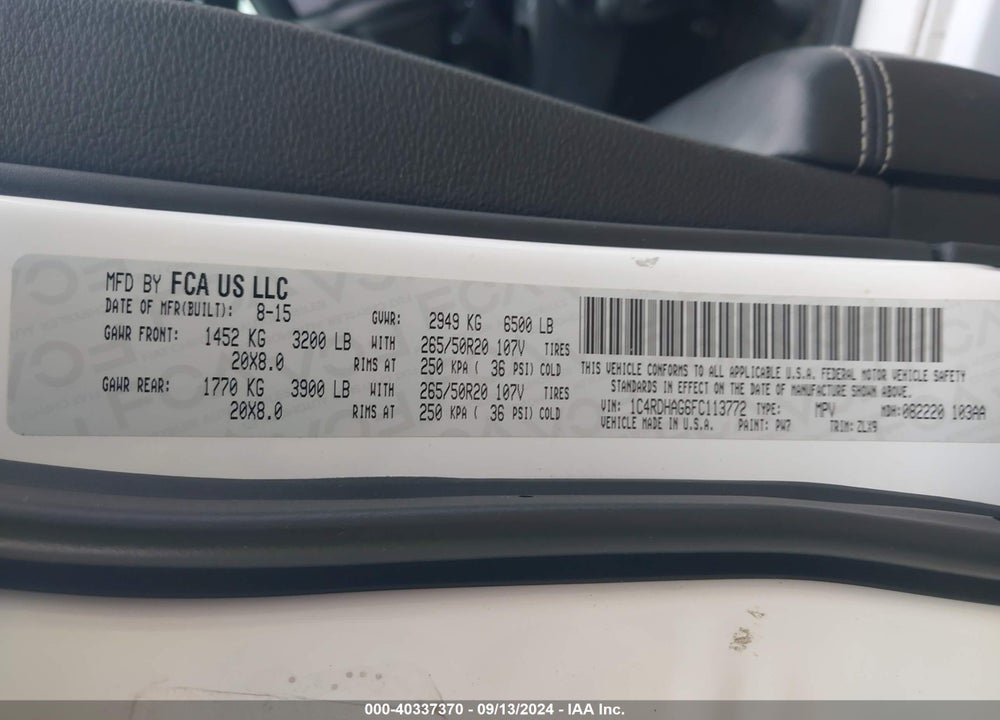 2015 DODGE DURANGO SXT VIN: 1C4RDHAG6FC113772