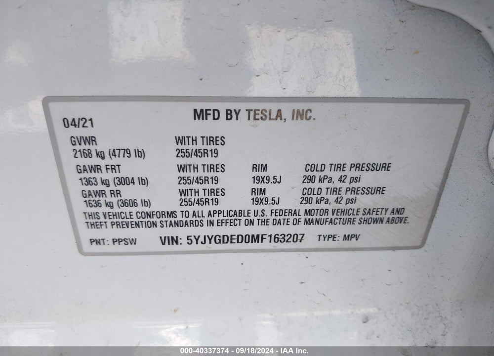 2021 TESLA MODEL Y STANDARD RANGE REAR-WHEEL DRIVE VIN: 5YJYGDED0MF163207