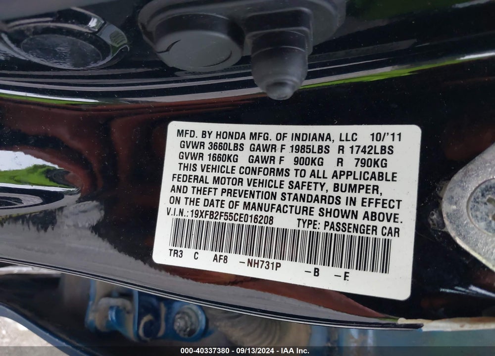 2012 HONDA CIVIC LX VIN: 19XFB2F55CE016208