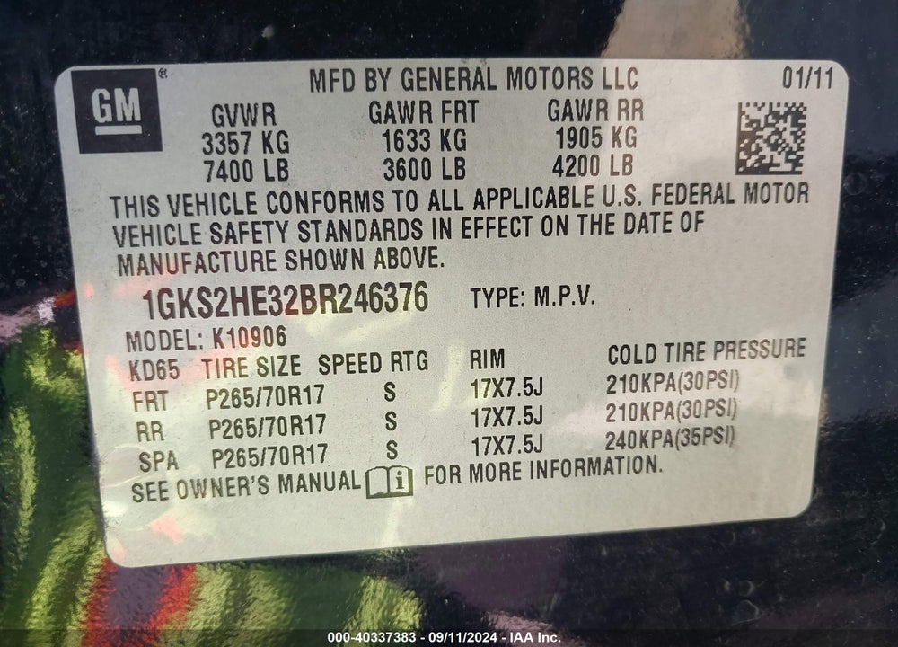 2011 GMC YUKON XL 1500 SLE VIN: 1GKS2HE32BR246376