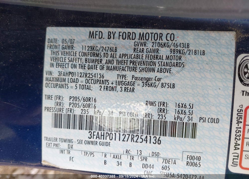 2007 FORD FUSION SE VIN: 3FAHP01127R254136