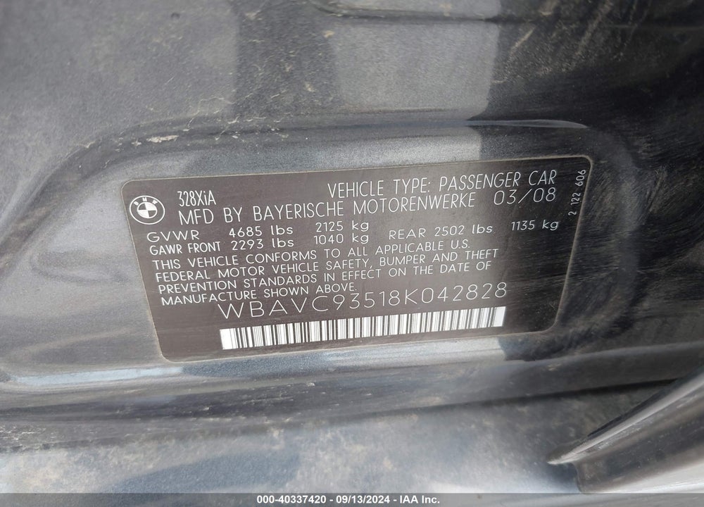 2008 BMW 328XI VIN: WBAVC93518K042828