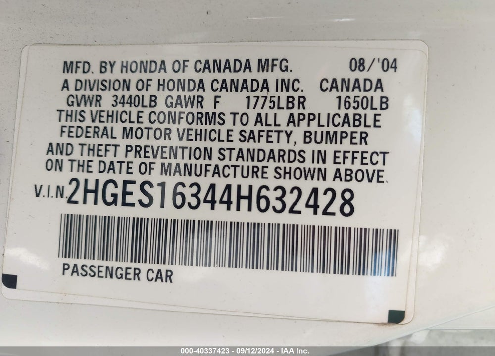 2004 HONDA CIVIC VP VIN: 2HGES16344H632428