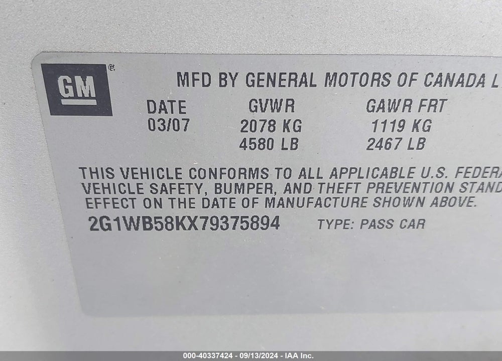 2007 CHEVROLET IMPALA LS VIN: 2G1WB58KX79375894
