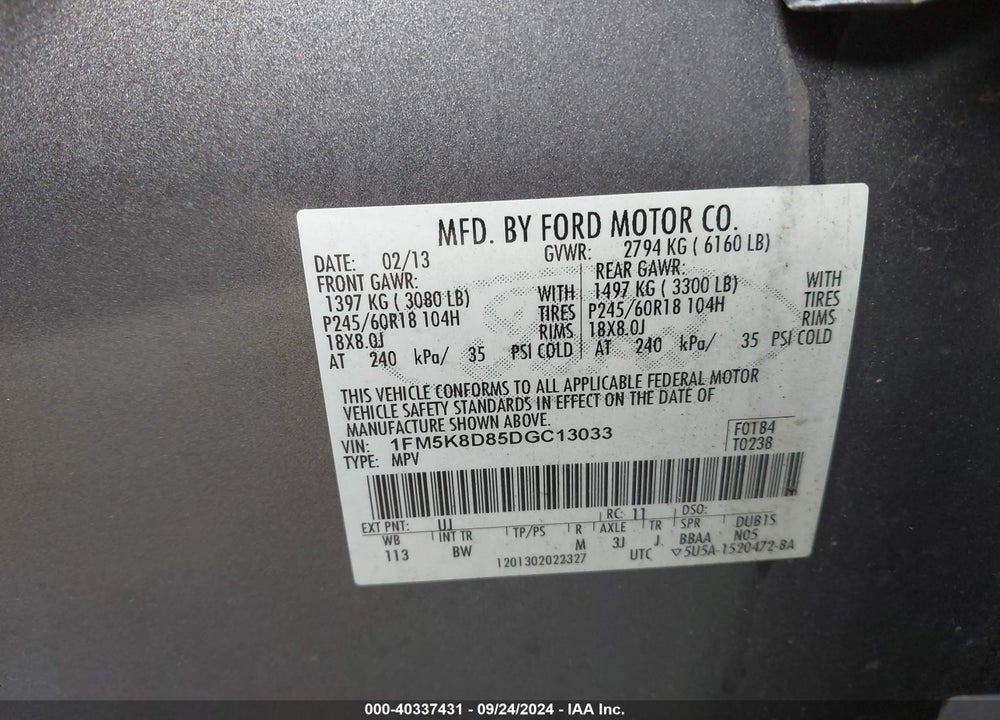 2013 FORD EXPLORER XLT VIN: 1FM5K8D85DGC13033