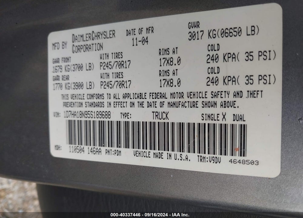 2005 DODGE RAM 1500 SLT/LARAMIE VIN: 1D7HA18N95S189688