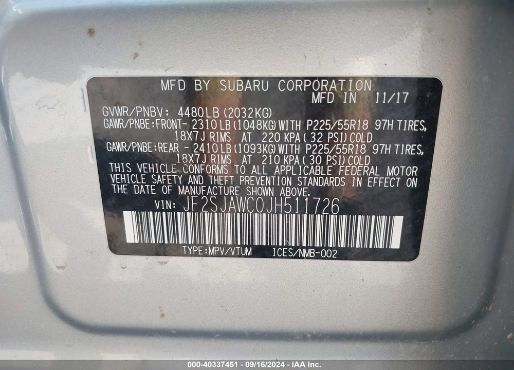 2018 SUBARU FORESTER 2.5I TOURING VIN: JF2SJAWC0JH511726