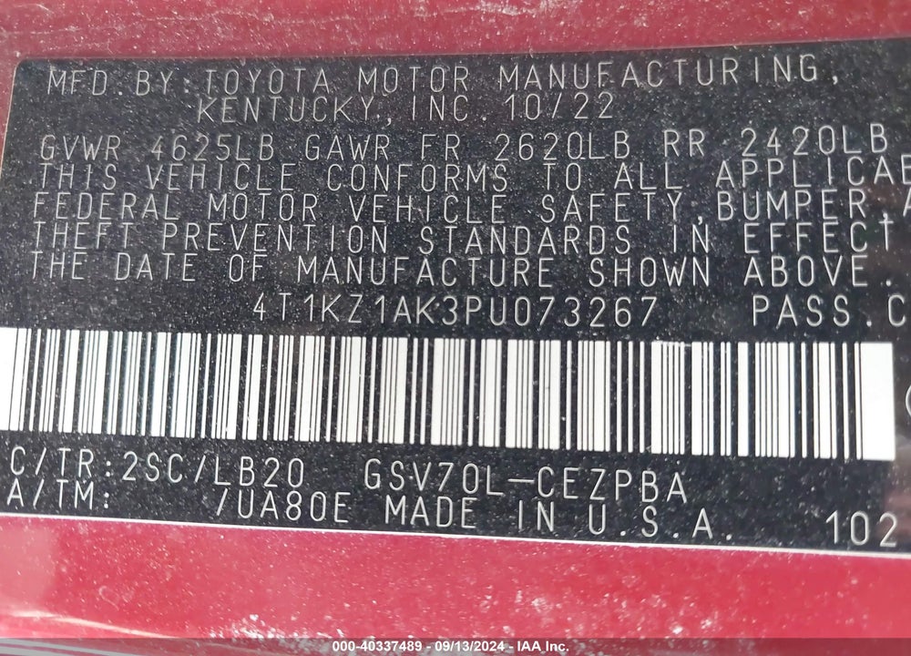 2023 TOYOTA CAMRY XSE V6 VIN: 4T1KZ1AK3PU073267