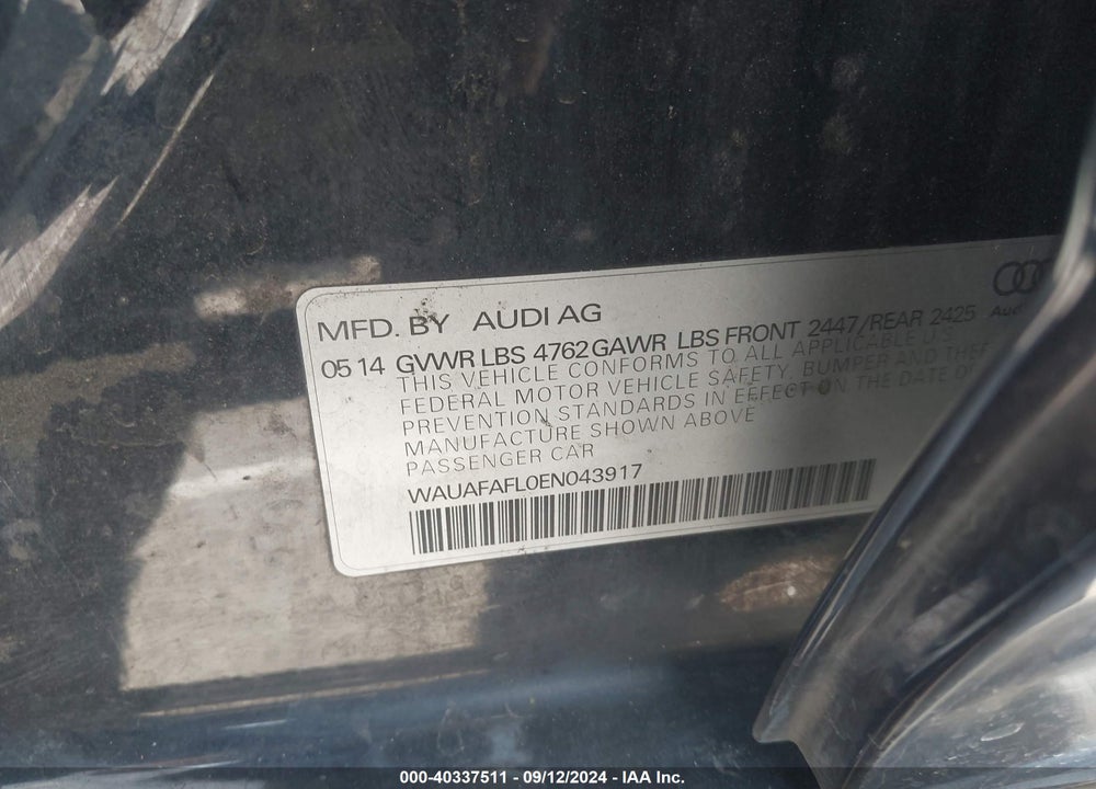 2014 AUDI A4 2.0T PREMIUM VIN: WAUAFAFL0EN043917