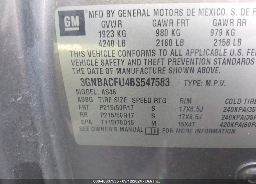 2011 CHEVROLET HHR LT VIN: 3GNBACFU4BS547583