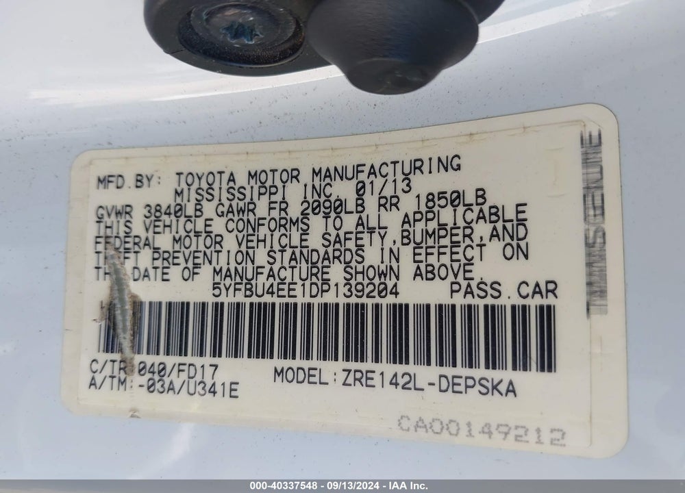 2013 TOYOTA COROLLA S VIN: 5YFBU4EE1DP139204