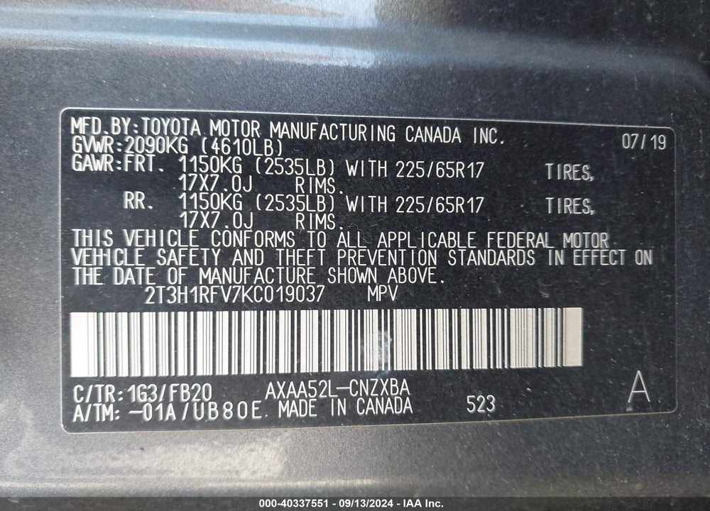 2019 TOYOTA RAV4 LE VIN: 2T3H1RFV7KC019037