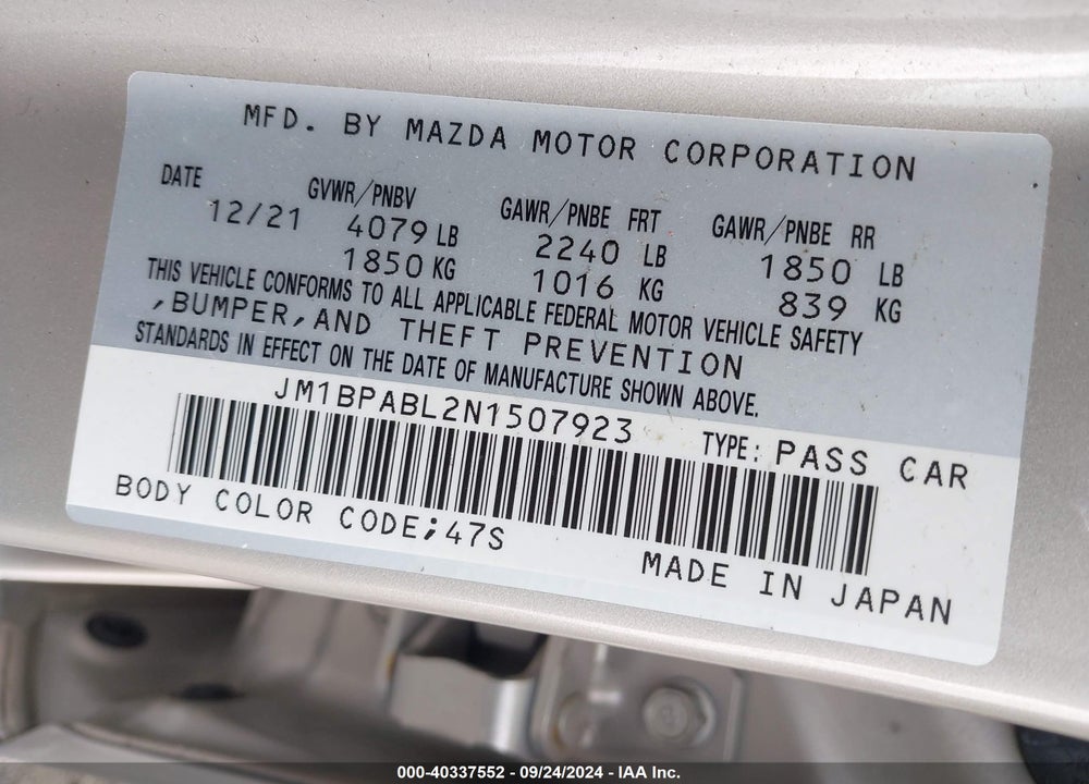 2022 MAZDA 3 SELECT VIN: JM1BPABL2N1507923