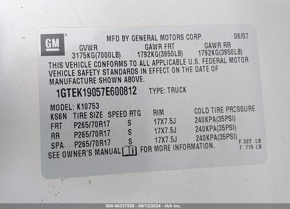 2007 GMC SIERRA 1500 SLT VIN: 1GTEK19057E600812