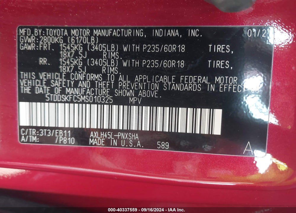2021 TOYOTA SIENNA XSE VIN: 5TDDSKFC5MS010325