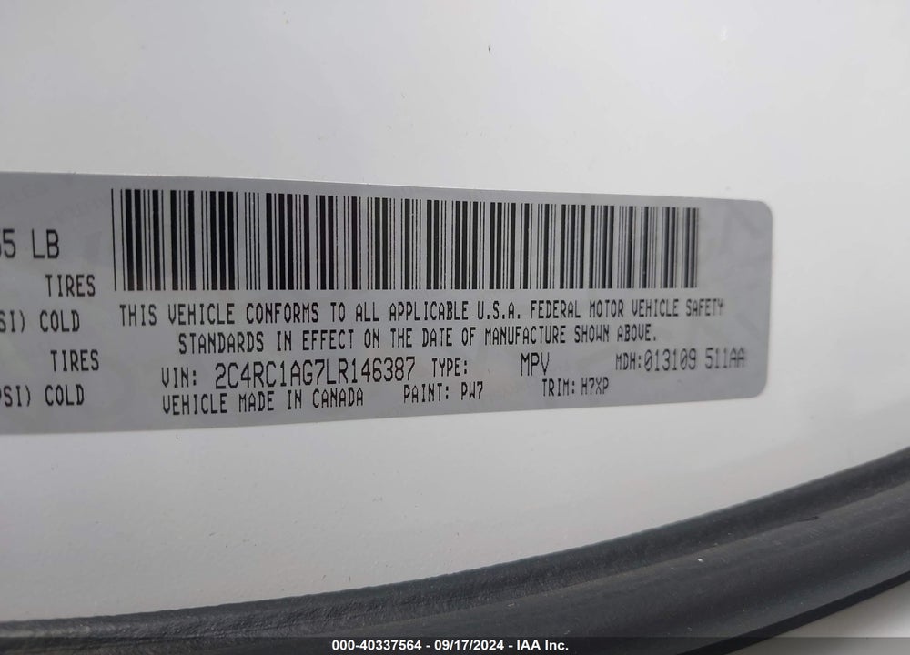 2020 CHRYSLER VOYAGER L VIN: 2C4RC1AG7LR146387