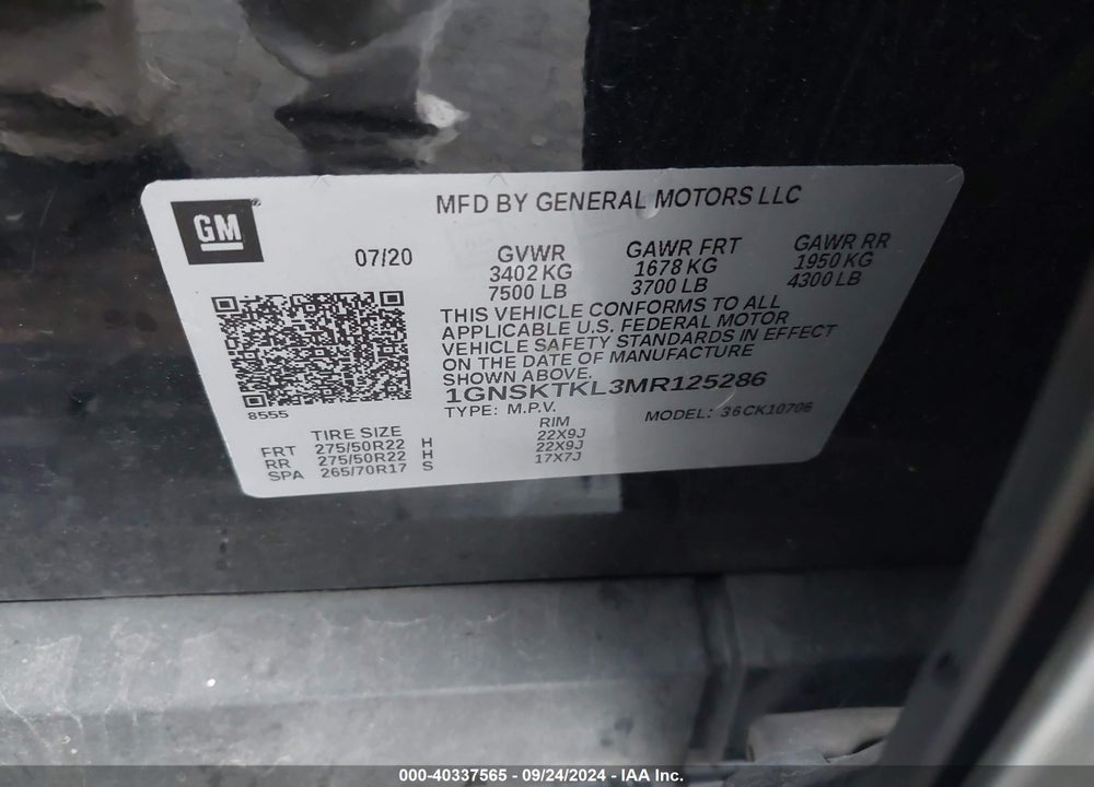 2021 CHEVROLET TAHOE 4WD HIGH COUNTRY VIN: 1GNSKTKL3MR125286