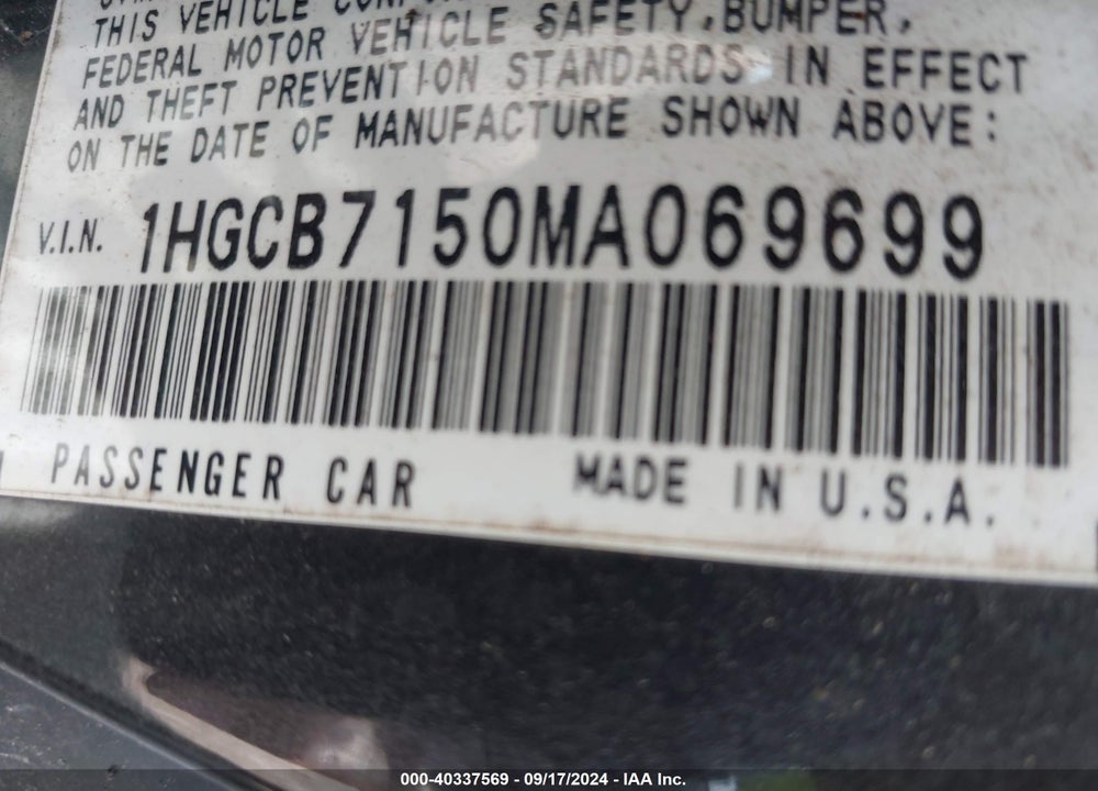 1991 HONDA ACCORD LX VIN: 1HGCB7150MA069699